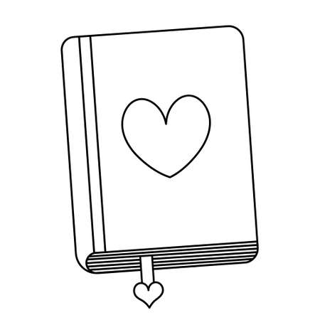 Diary for love notes. Bookmark among sheets. Sketch. Heart on the cover. Closed. Doodle style. A personal notepad for cute thoughts. Hardcover notebook. Love book. Outline on an isolated background.のイラスト素材
