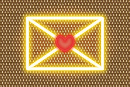 Love letter. Golden neon glow. Colored vector illustration. Isolated background with an ornament of golden pyramids. Valentines Day. A message in an envelope for loved ones with a heart stamp.のイラスト素材