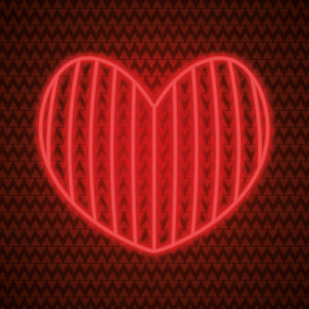 Heart. Neon glow. Hatching ornament. Colored vector illustration. Isolated red background. Valentines Day. The symbol of lovers from a luminous tube. Burning sign. Illuminated advertising.のイラスト素材