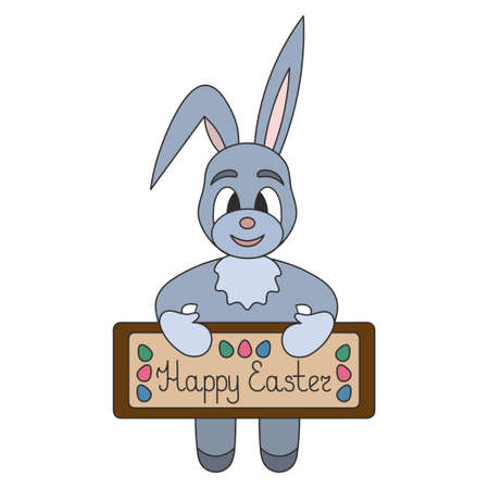 Hare. Rabbit holds a poster in its paws. The inscription on the plate is Happy Easter. Easter eggs decoration. Colored vector illustration. Isolated white background. Cartoon style.のイラスト素材