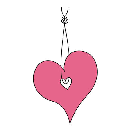 The heart hangs on a thread with a knot. Romantic tag. Colored vector illustration. Valentines Day. Hanging decoration. The symbol of love is suspended from a string. Decorative pendant. Cartoon styleのイラスト素材