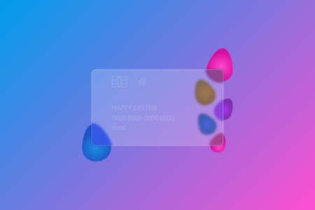 Happy Easter. Transparent credit card. Frosted glass. Colored vector illustration. Glass morphism style. Credit card lettering. Ornament from colored Easter eggs. Isolated colorful background.のイラスト素材