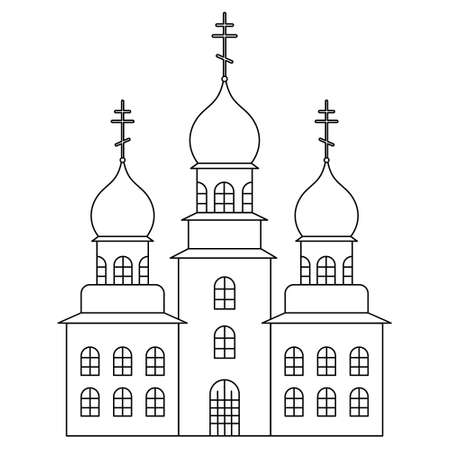 Church. Sketch. Temple with domes decorated with crosses. Vector illustration. Coloring book for children. Outline on white isolated background. Doodle style. Light Easter. Religious motives.のイラスト素材