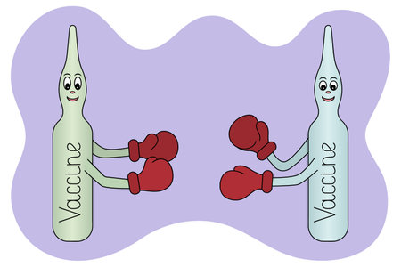 Vaccine. Boxing match. Colored vector illustration. Duel of coronavirus vaccines. Two glass vials of medicine. Difficult choice. Vaccines put on boxing gloves and wrestle. Cartoon style.のイラスト素材