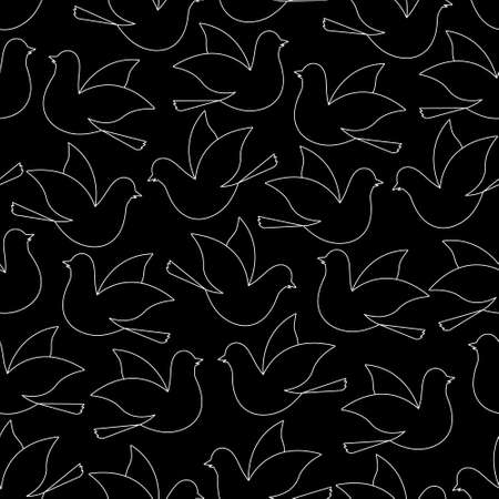 Dove. Silhouette. Pigeon is a symbol of peace. Drawing with white lines on a black background. Seamless horizontal border. Repeating vector pattern. The bird flaps its wings. Isolated background.のイラスト素材