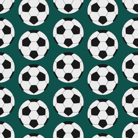 Soccer ball. Seamless vector pattern. Isolated green background. Cartoon style. Repeating sports ornament. Balls background. Sports equipment for the European Championship. Idea for web design.のイラスト素材