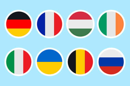 Flags of different countries. A set of stickers on a white backing. Collection of vector icons. Isolated background. National symbol of the state. Political topics. Flat style. Idea for web design.のイラスト素材