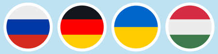 Flags of countries. Russia, Germany, Ukraine, Hungary. Collection of stickers on a white backing. Horizontal lines. Set of vector icons. Isolated background. National symbol of the state.のイラスト素材