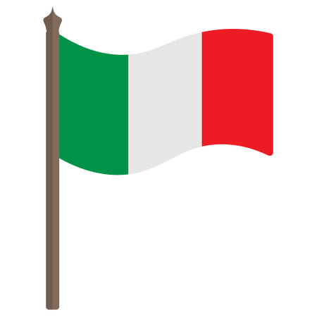 Flag of Italy. Tricolor fabric cloth. The national symbol of the state develops in the wind. Colored vector illustration. Isolated white background. Political topics. Flat style.のイラスト素材