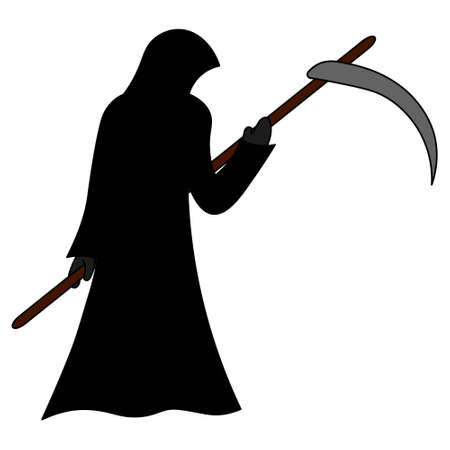 Grim Reaper. A paranormal entity in a robe. Colored vector illustration. Isolated white background. Cartoon style. Death has come to take the soul. Halloween symbol. Sharpened blade.のイラスト素材