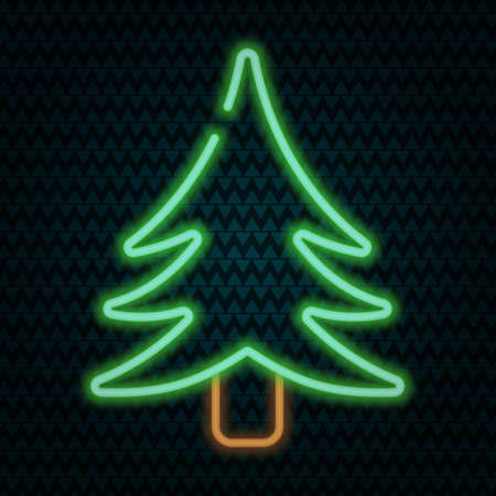 Christmas tree. Shining neon icon. Colored vector illustration. Isolated background. Conifer tree. Lush vegetation. Glowing fir. Evergreen. Festive print. Happy New Year and merry Christmas.のイラスト素材