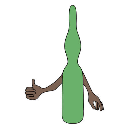 Ampoule with a vaccine. Shows thumb up. A gesture that means what you like. Glass container with medicine. Colored vector illustration.のイラスト素材