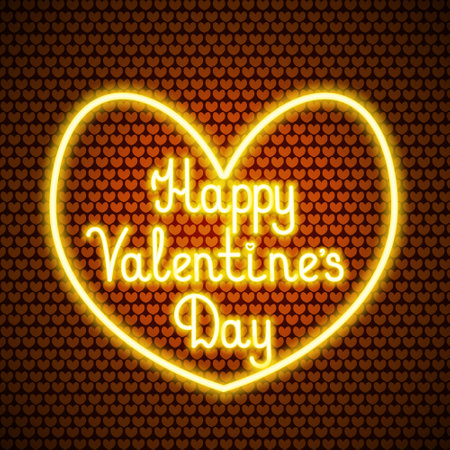 Happy Valentines Day. Inscription in the heart. Neon glow. Colored vector illustration. Isolated background of golden hearts. The symbol of lovers from a luminous tube. Burning sign.のイラスト素材