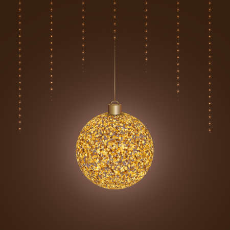 Christmas crystal ball. Glass toy of gold color. Bubble ornament. Colored vector illustration. Isolated brown background. Decorations from garlands of glowing bulbs. The Christmas decorationのイラスト素材