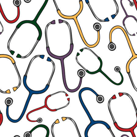 Stethoscope. Medical diagnostic device. Seamless vector pattern. Isolated background. Repeating medical ornament. Doctor's tool. Cartoon style. Endless background. Health topic. Idea for web designのイラスト素材
