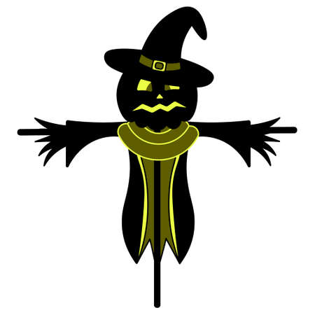 Scarecrow. Silhouette. Scare birds away. Pumpkin on the head. Frightened facial expression with shining eyes. A scarecrow in rags, a hat and a collar. A frightened grimace. Vector illustration.のイラスト素材