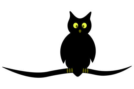 Owl. Silhouette of a bird with glowing eyes. A wise bird sits on a branch. Vector illustration. A nocturnal predator with sharp claws. Isolated white background. Halloween symbol. All Saints Day.のイラスト素材