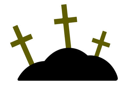 Golden crosses on the hills. Silhouettes. Night cemetery. Religious symbol. Vector illustration. Isolated white background. Graves in the cemetery. Memorial to memory. Decoration for All Saints Day.のイラスト素材