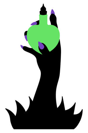 Love potion. Silhouette of a witch's hand holding a vessel in the shape of a heart. Green bottle of love potion. Vector illustration. Long fingers with sharp purple nails burst from the thicketのイラスト素材