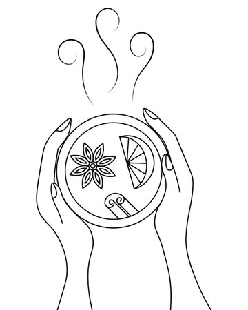 Hot mulled wine in hand. Sketch. The drink is garnished with anise, an orange slice and a cinnamon stick. Steam rises from a mug with a fragrant drink. Cup in the palms. View from above. Vectorのイラスト素材