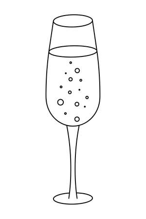 A glass of champagne. Sketch. Vector illustration. Crystal bowl with sparkling wine. Magic bubbles. Coloring book for children. Outlines on an isolated white background. Doodle style. Happy new year and merry christmas. Idea for web design.のイラスト素材