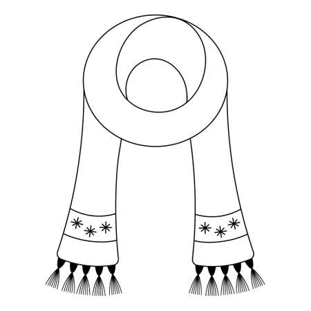 Scarf. Sketch. Vector illustration. A fashionable wardrobe item, decorated with snowflakes and fringes. Festive clothing. Coloring book for children. Outlines on an isolated white background. Doodleのイラスト素材