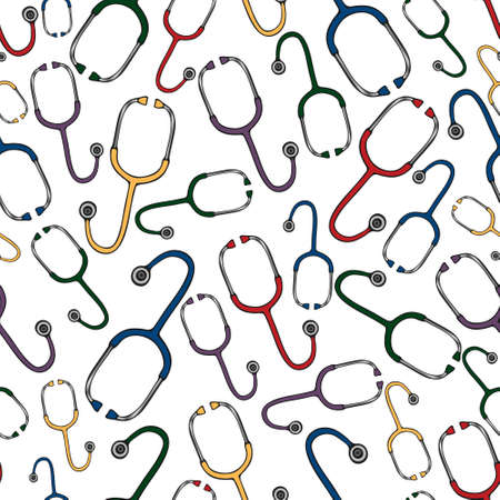 Stethoscope. Medical diagnostic device. Seamless vector pattern. Isolated colorless background. Repeating medical ornament. Doctor's tool. Cartoon style. Endless background. Health topic. Idea for webのイラスト素材