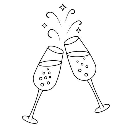 Toast. Glasses of champagne clink each other. Sketch. Crystal glass clinking. Vector illustration. A container with sparkling wine. Magic bubbles. Outlines on an isolated white background.のイラスト素材