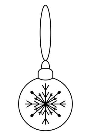 Christmas tree decoration. A glass ball decorated with a snowflake hangs on a thread. Sketch. Vector illustration. Coloring book for children. Doodle style. Decorative crystal decoration. Happy new year and merry Christmas. Idea for web design.のイラスト素材
