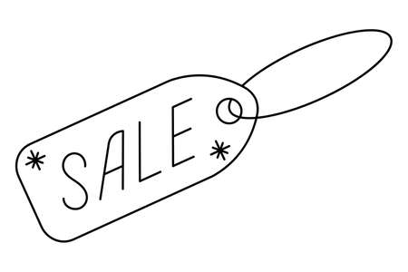 Holiday discounts. A tag with the inscription SALE. Sketch. The tag is hanging on a rope, decorated with snowflakes. Vector illustration. Seasonal sale. Coloring book for kids. Doodle style. Isolated white background. Happy new year and merry christmas. An idea for web design.のイラスト素材