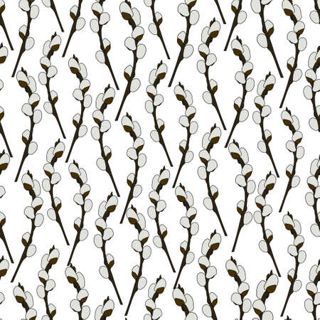 willow branch. tree branch. Repeating vector pattern. Seamless spring pattern. Delicate background of plants. isolated background. cartoon style. Happy Easter. fluffy plant. herald of spring.のイラスト素材