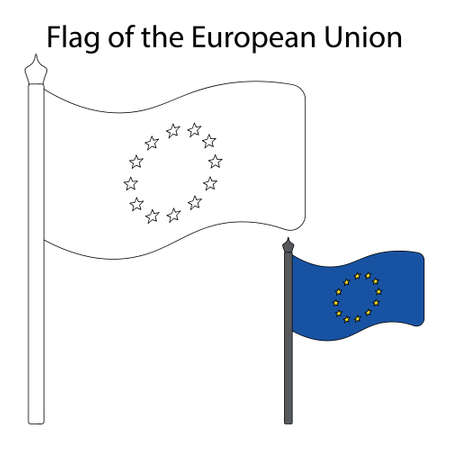 Flag of the European Union. Color the flag according to the suggested example. vector illustration. Coloring book for children. The fabric canvas is decorated with twelve stars in a circle.のイラスト素材