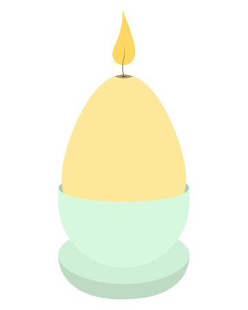 Candle in the shape of a yellow Easter egg. Candlestick in the form of a green bowl. Burning yellow flame. color vector illustration. isolated background. flat style. magical attribute. Festive print.のイラスト素材