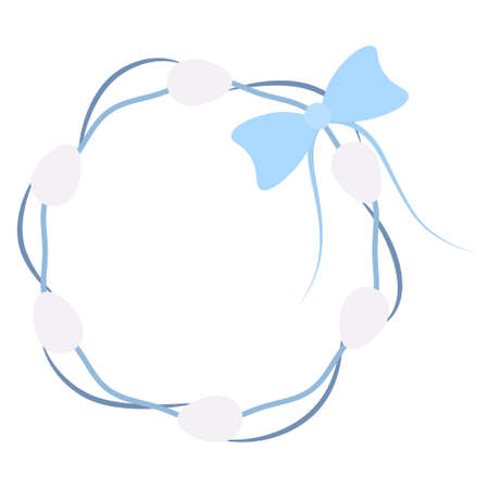 Easter Wreath. The wreath is decorated with white Easter eggs and a blue bow. color vector illustration. isolated background. flat style. Festive print. Idea for web design, invitations, postcards.のイラスト素材