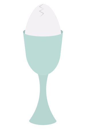 An egg with a crack. A soft-boiled white egg in a green egg stand in the shape of a shot glass. Poached egg. color vector illustration. Serving boiled eggs for breakfast. isolated background.のイラスト素材