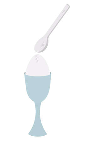 The egg is broken with a teaspoon. A crack in the eggshell. A soft-boiled chicken egg in a glass-shaped egg stand. color vector illustration. Serving boiled eggs for breakfast. isolated background.のイラスト素材