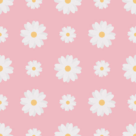 Camomiles. Delicate white flowers. Repeating vector pattern. Isolated pink background. white daisies. Seamless summer pattern. Delicate floral background. flat style. flower plant.のイラスト素材