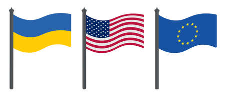 Flag of Ukraine, USA and EU. Set of color vector illustrations. Symbols of the states. political...