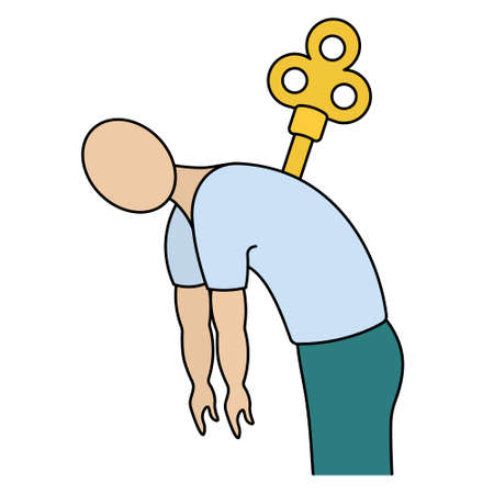 Fatigue. color vector illustration. The patient ran out of charge, he stooped, his arms hanging. Turn the key. isolated background. cartoon style. medical theme.のイラスト素材