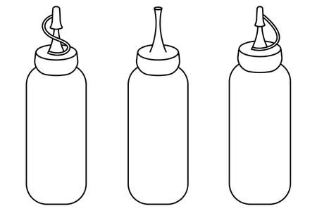 Bottles with ketchup, mustard and mayonnaise. A set of barbecue sauces. sketch. vector illustration. Coloring book. Doodle style. Outline on isolated background. organic product.のイラスト素材