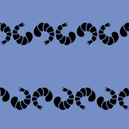 shrimp. silhouette. Seamless horizontal border. Repeating vector pattern. seafood. Shrimp tail. Isolated purple background. Endless ornament. flat style.のイラスト素材