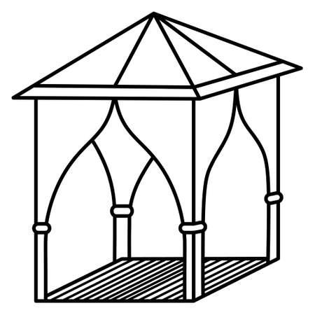 Gazebo for outdoor recreation. sketch. Tent with roof and curtains. vector illustration. Outline on isolated background. Coloring. Doodle style. Idea for web design.のイラスト素材