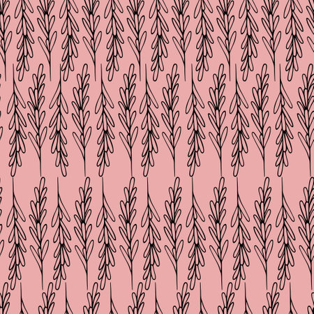 Rosemary. A sprig of aromatic spice. Repeating vector pattern. Seamless floral pattern. Abstract background of twigs with leaves. Isolated pink background. Idea for web designのイラスト素材
