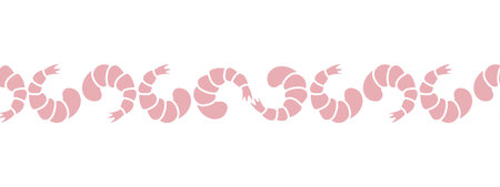 shrimp. Seamless horizontal border. Repeating vector pattern. Pink seafood. Shrimp tail. Isolated colorful background. Endless ornament. flat style.のイラスト素材