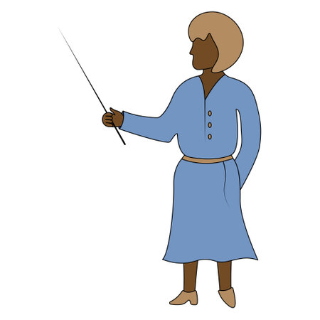 The teacher teaches a lesson at school. An African American woman in a blue dress holds a pointer in her hand. color vector illustration. school theme. cartoon style.のイラスト素材