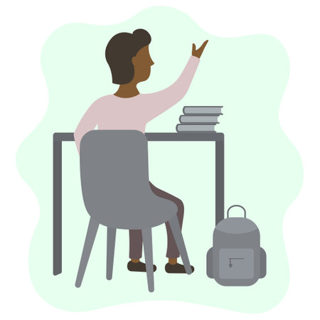The student raises his hand to answer the question. color vector illustration. An African American boy sits at a desk in the classroom, next to textbooks and a briefcase.のイラスト素材