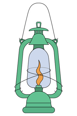 flash light. Green kerosene lamp. color vector illustration. cartoon style. isolated background. Old fashioned lamp. Light fixture with fire inside. Thanksgiving symbol.のイラスト素材