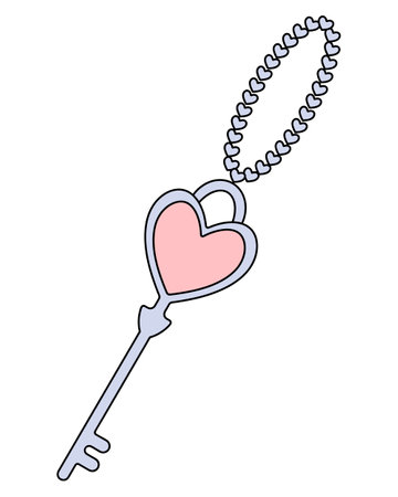 Key to the heart. A device to open the padlock of love. Purple key in the shape of a heart. Keychain from a metal chain consisting of hearts. color vector illustration.のイラスト素材
