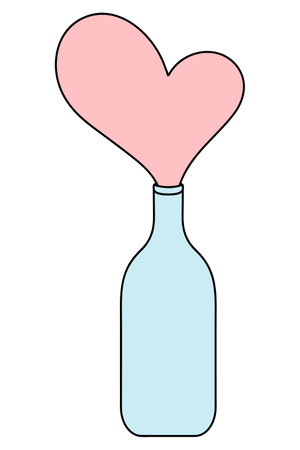 bottle of love. color vector illustration. cartoon style. A pink heart climbs out of a vessel. love potion. glassflask. Idea for web design, invitations.のイラスト素材