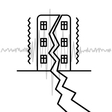 The building vibrates. sketch. Seismograph data record the tremors of an earthquake. There was a crack in the wall of the house. The apartment building is split in half. sound wavesのイラスト素材